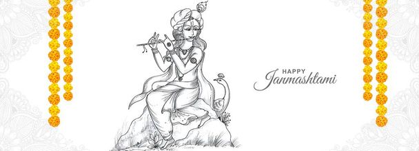 Χειροποίητο σκίτσο του άρχοντα Krishna στο φόντο του banner happy janmashtami - Διάνυσμα, εικόνα