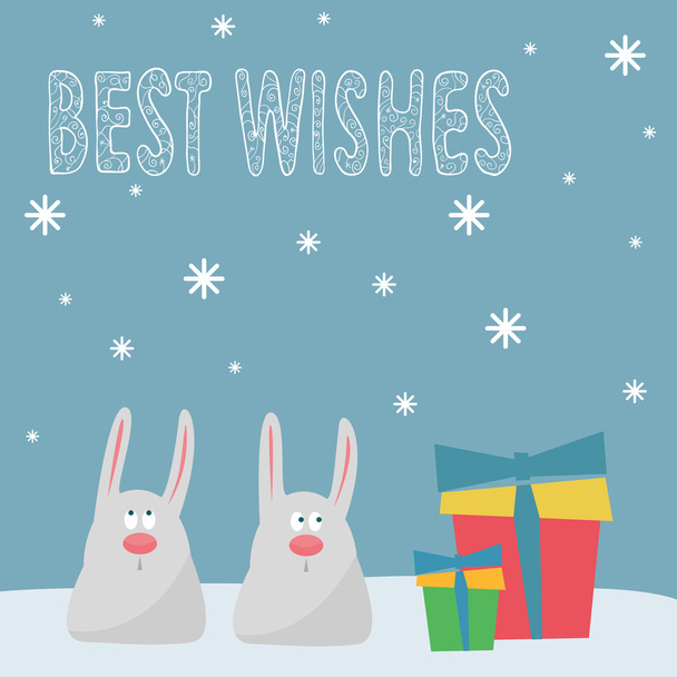 Funny winter holidays card background with cute cartoon rabbits, - Vektori, kuva