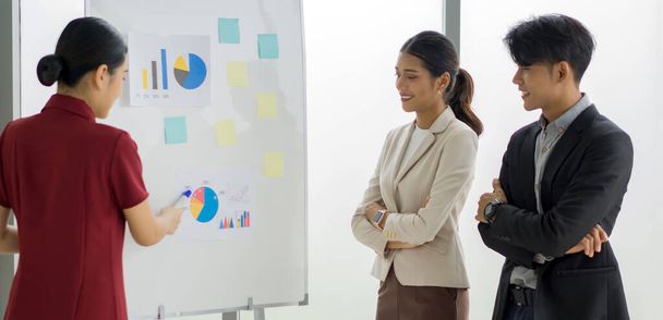 Young asian businesswoman in brown suit looking at pie chart on white board. There are notes and papers on the presentation board. - Foto, immagini