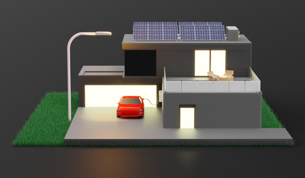 smart home solar photovoltaic home Energy Saving Ecosystem Isometric Solar Home System Diagram solar energy 3d illustration - Foto, immagini