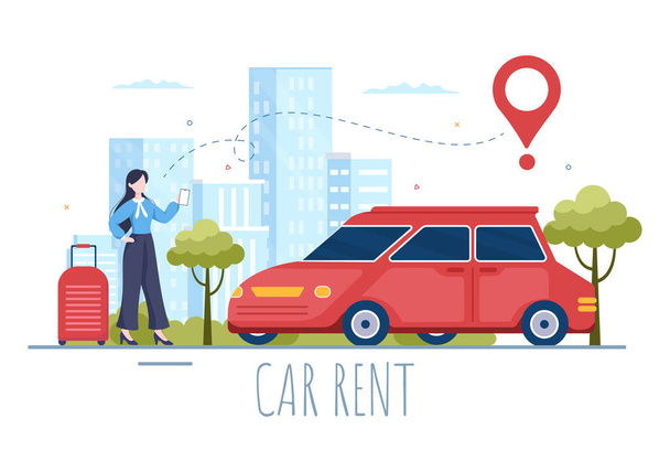 Car Rental, Booking Reservation and Sharing using Service Mobile Application with Route or Points Location in Hand Drawn Cartoon Flat Illustration - Vektör, Görsel