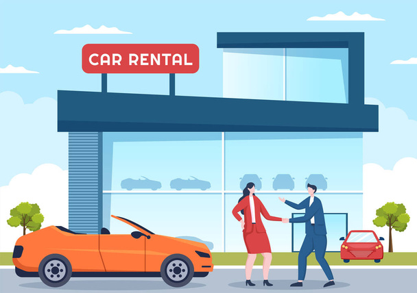 Car Rental, Booking Reservation and Sharing using Service Mobile Application with Route or Points Location in Hand Drawn Cartoon Flat Illustration - Vector, imagen