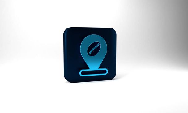 Blue Location with coffee bean icon isolated on grey background. Blue square button. 3d illustration 3D render. - Foto, afbeelding