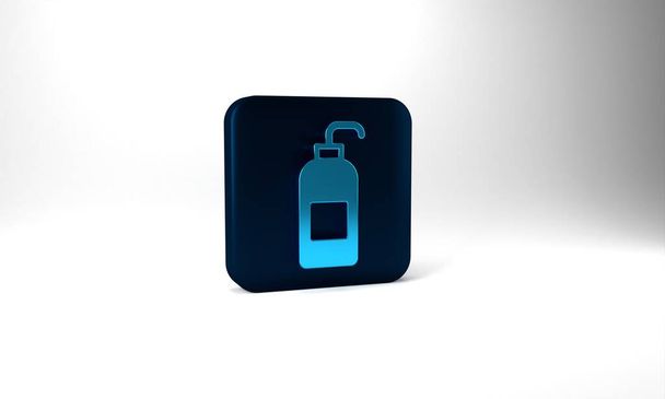 Μπλε Φιάλη υγρού αντιβακτηριδιακού σαπουνιού με το εικονίδιο διανομής απομονωμένο σε γκρι φόντο. Αντισηπτικό. Απολύμανση, υγιεινή, περιποίηση δέρματος. Μπλε τετράγωνο κουμπί. 3d απεικόνιση 3D καθιστούν. - Φωτογραφία, εικόνα