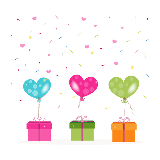 Scatola regalo colorata e palloncini cuore con vettore coriandoli
 - Vettoriali, immagini