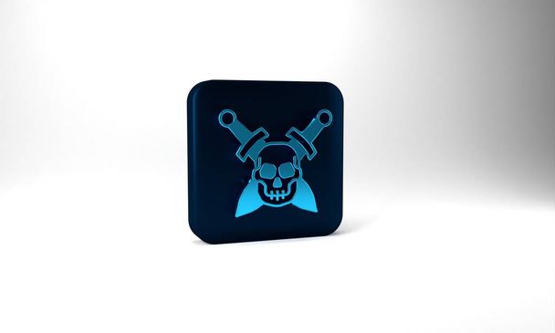 Blue Crossed medieval sword with skull icon isolated on grey background. Medieval weapon. Blue square button. 3d illustration 3D render. - Fotografie, Obrázek