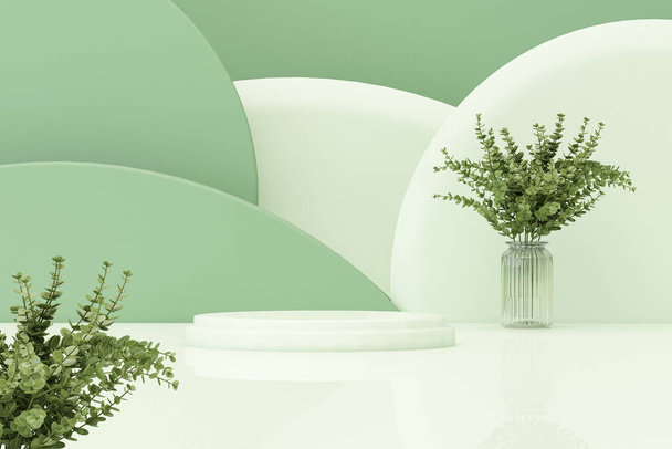 3D podium display, pastel green and beige background with leaves, flowers and decorative vases. Minimal pedestal for beauty, product, fashion. Feminine copy space template 3d render - 写真・画像