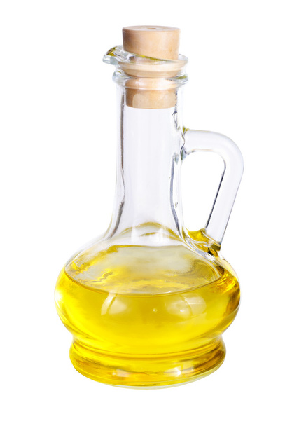 malé karafu s olivovým olejem, izolované na bílém pozadí - Fotografie, Obrázek
