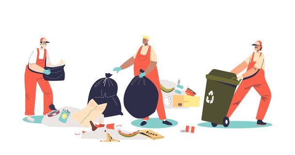 Group of janitors collecting garbage in plastic bags for recycle and trash bin. Street cleaners picking waste and litter. Outdoors sanitary concept. Cartoon flat vector illustration - Vektor, Bild