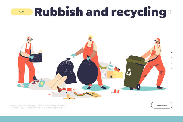 Rubbish and recycling concept of landing page with janitors collecting litter for reuse in trash bin and plastic bag. Street cleaners picking waste and garbage. Cartoon flat vector illustration - Vettoriali, immagini