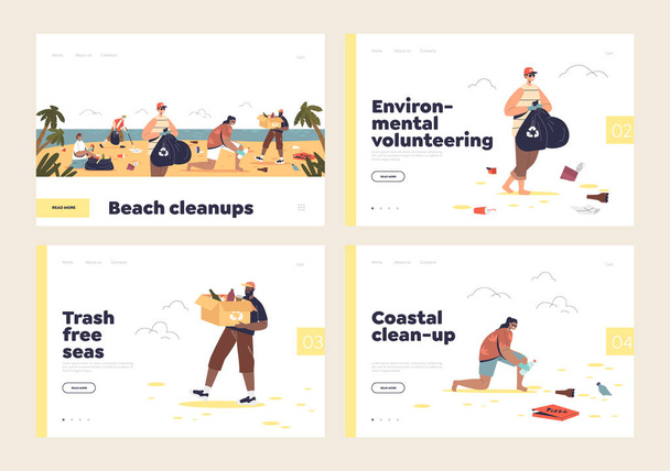 Clean beach and sea concept of landing pages set with people volunteers picking up litter waste at coast. Young men and women activists collect garbage outdoors. Cartoon flat vector illustration - Vektori, kuva
