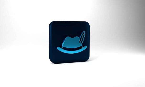 Blue Oktoberfest hat icon isolated on grey background. Hunter hat with feather. German hat. Blue square button. 3d illustration 3D render. - Foto, immagini