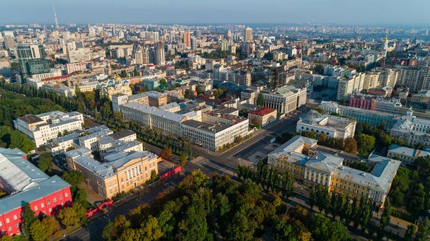 Aerial view beautiful Kyiv cityscape on a sunny spring day. Drone shot Kiev building. Capital of Ukraine  - Photo, image
