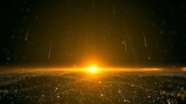 Altın patlamış ışık, toz parçacıkları ve kayan yıldız zerafeti soyut arkaplan. - Fotoğraf, Görsel