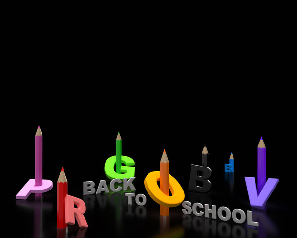 Letters and colorful crayons on clean black board background as an idea for a school banner for your social media. Back to school concept border. 3d rendering - Fotó, kép