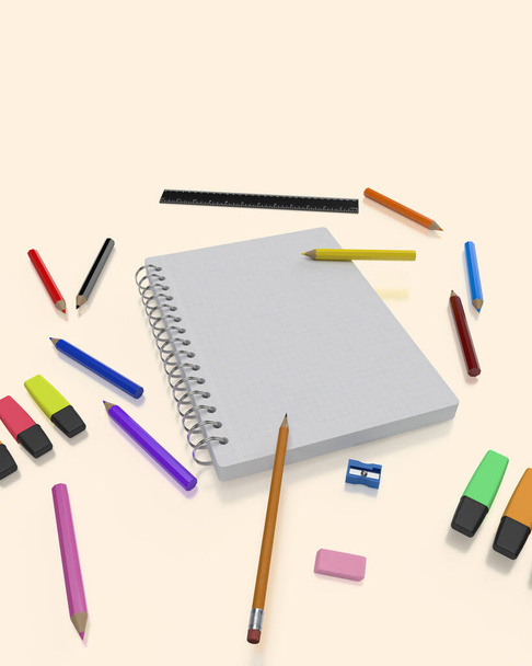 colorful crayons, pencil, eraser with notebook on white background as an idea for a back to school banner. Concept border for your social media. 3d rendering - Fotó, kép