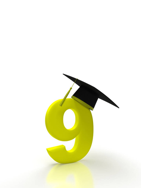 Номер дев'ятий зі студентською шапочкою на ізольованому фоні в фіолетовому кольорі для повернення до школи. Ідея банера для вашої концепції університету соціальних медіа. 3D візуалізація
 - Фото, зображення