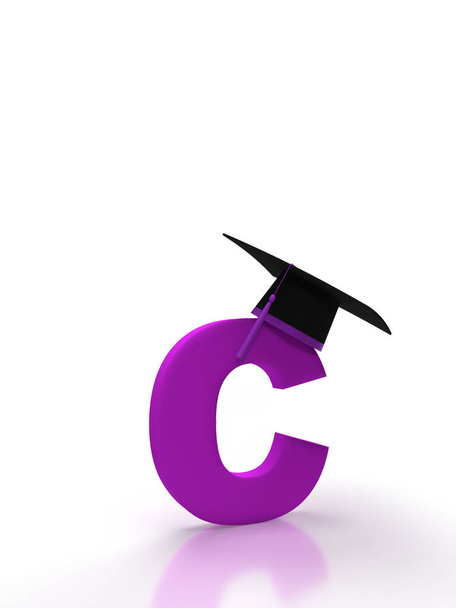 Літера С з студентською шапочкою на ізольованому фоні в фіолетовому кольорі для повернення до школи. Ідея банера для вашої соціальної медіа університетської концепції кордону. 3D візуалізація
 - Фото, зображення