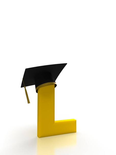 Літера L з студентською шапочкою на ізольованому фоні в золоті для повернення до школи. Ідея банера для вашої соціальної медіа університетської концепції кордону. 3D візуалізація
 - Фото, зображення