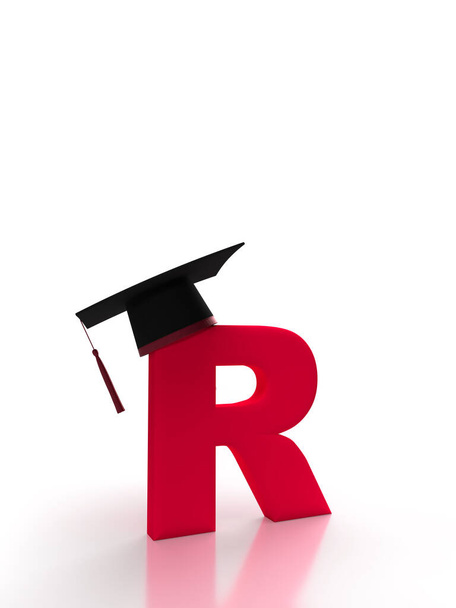 Літера R з студентською шапочкою на ізольованому фоні в червоному для повернення до школи. Ідея банера для вашої соціальної медіа університетської концепції кордону. 3D візуалізація
 - Фото, зображення