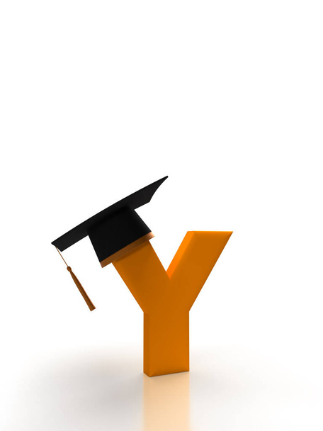 Γράμμα Υ με φοιτητικό καπέλο σε απομονωμένο φόντο σε πορτοκαλί για επιστροφή στο σχολείο. Ιδέα για banner για τα σύνορα έννοια πανεπιστήμιο κοινωνικών μέσων μαζικής ενημέρωσης σας. 3d απόδοση - Φωτογραφία, εικόνα