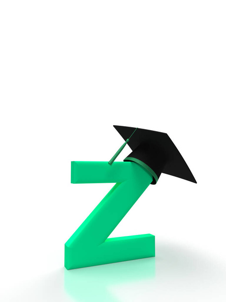 Літера Z з студентською шапочкою на ізольованому фоні в зеленому кольорі для повернення до школи. Ідея банера для вашої соціальної медіа університетської концепції кордону. 3D візуалізація
 - Фото, зображення