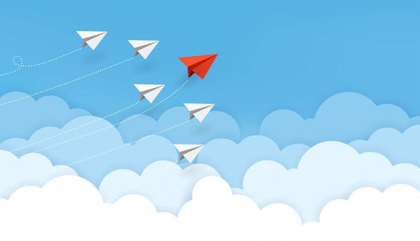 Бизнес-концепция. Красный бумажный самолет летит меняя направление на голубом небе бизнес-команды и одно другое видение. Лидер, новая идея, босс, менеджер, концепция победителя, тренд. Векторная иллюстрация - Вектор,изображение