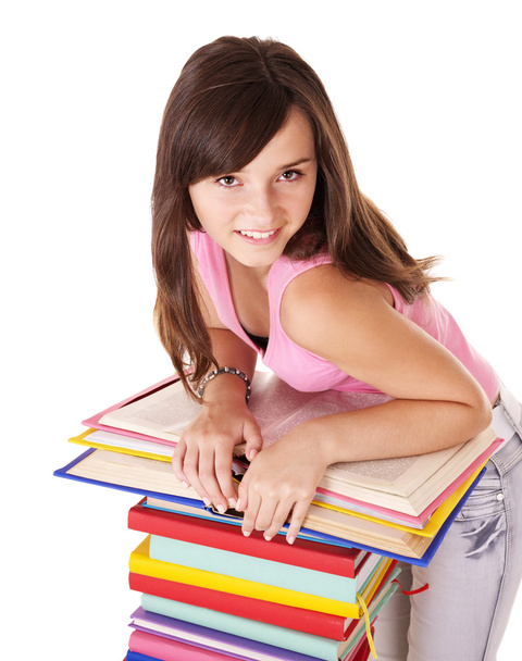 Girl with pile colored book . - 写真・画像
