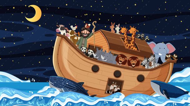 Ocean scene with Noah's ark with animals illustration - Vettoriali, immagini