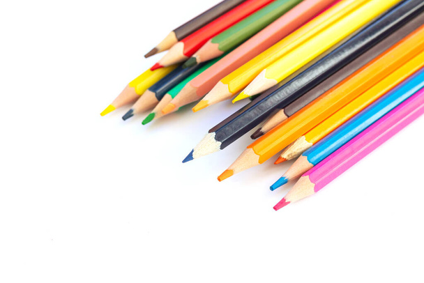 Set of multicolored rainbow pensils isolated on white background. Top view - Valokuva, kuva