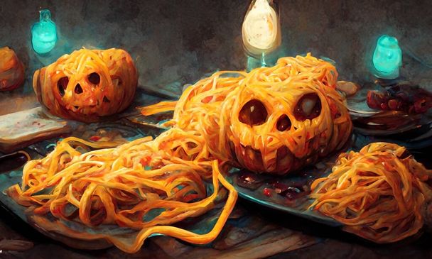 3D Illustration of a Halloween Concept Background. Halloween skull pasta with red eyes in the dish for celebration party decoration. - Valokuva, kuva