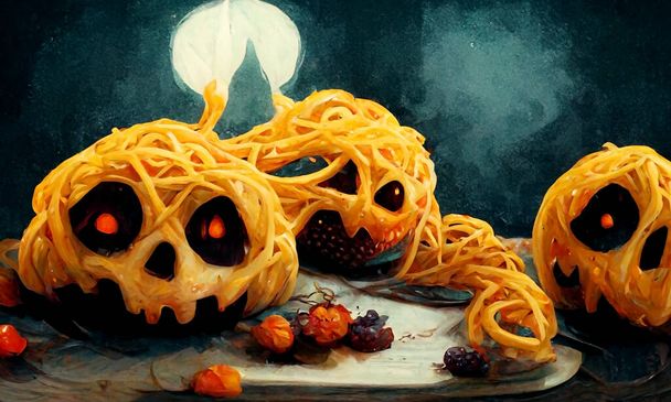 3D Illustration of a Halloween Concept Background. Halloween skull pasta with red eyes in the dish for celebration party decoration. - Foto, immagini