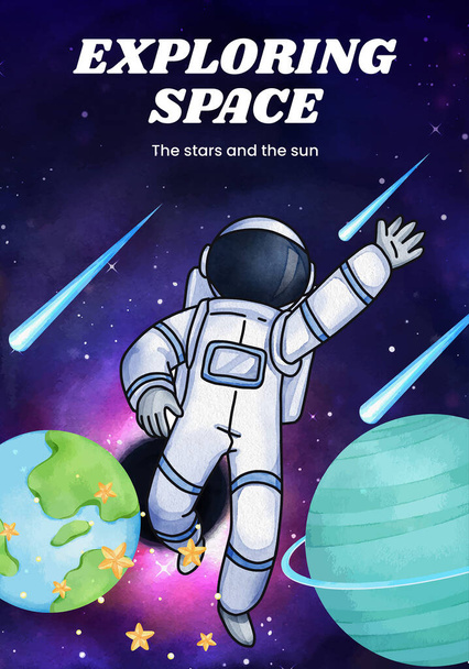 Poster template with kids explore galaxy concept,watercolor styl - Vecteur, image