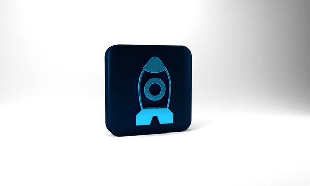 Blue Rocket ship toy icon isolated on grey background. Space travel. Blue square button. 3d illustration 3D render. - Foto, immagini