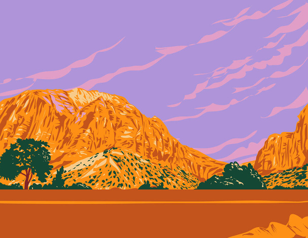 WPA плакат-арт гори Східного Храму розташований в Національному парку Сіон, штат Вашингтон, штат Юта, США, зроблений в стилі проектного управління. - Вектор, зображення