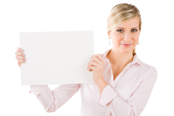Happy businesswoman hold aside empty white banner - Photo, Image