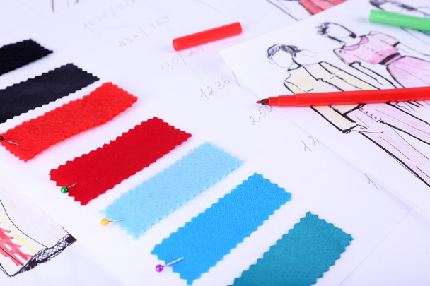 Sketches of clothes and fabric samples - 写真・画像