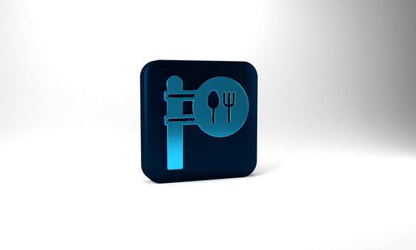 Значок "Синее кафе и ресторан" на сером фоне. Вывеска с вилкой и ложкой внутри указателя. Синяя квадратная кнопка. 3D-рендеринг.. - Фото, изображение