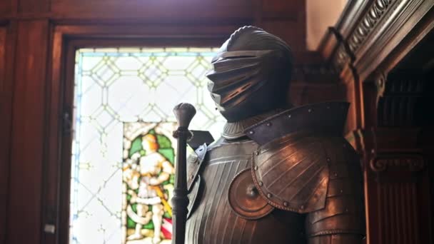 Peles Castle interior in Romania. A room with a statue of a knight and a classic design - Imágenes, Vídeo