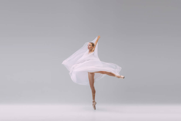 Portrait of young flexible ballerina dancing with transparent fabric isolated over grey studio background. Tenderness, grace. Concept of classic ballet, inspiration, beauty, dance, creativity - Fotografie, Obrázek
