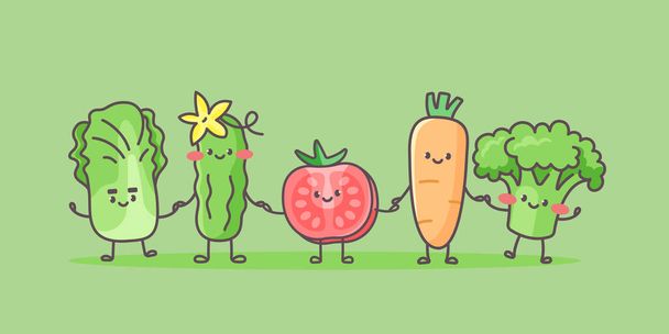 Cute vegetables go hand in hand after each other. Happy cabbage, cucumber, tomato, carrot and broccoli. - ベクター画像