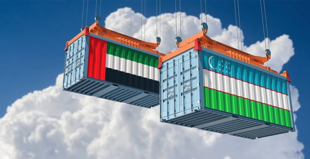 Cargo containers with Uzbekistan and United Arab Emirates national flags. 3D Rendering - Foto, Bild
