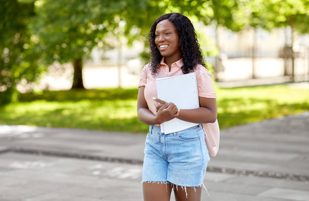 education, school and people concept - happy smiling african american student girl with notebooks in city - Φωτογραφία, εικόνα
