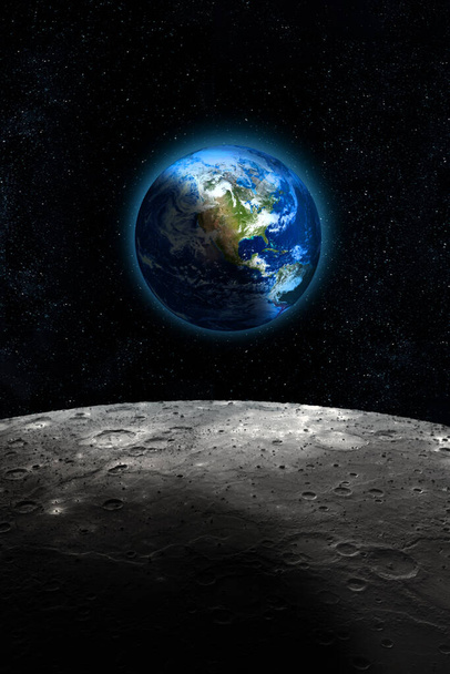 Half Planet Earth seen from the Moon, dark starry space sky background. Some image elements provided by NASA. - Fotó, kép