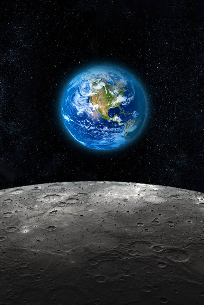 Planet Earth seen from the Moon, dark starry space sky background. Some image elements provided by NASA. - Photo, image