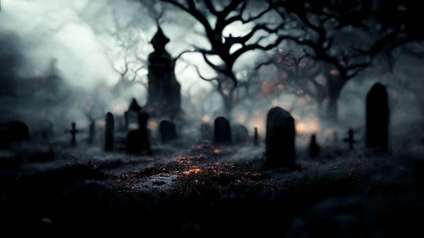 3D illustration of a Halloween concept dark background of a castle and graveyard. Horror background In foggy weather. Happy Halloween - 写真・画像