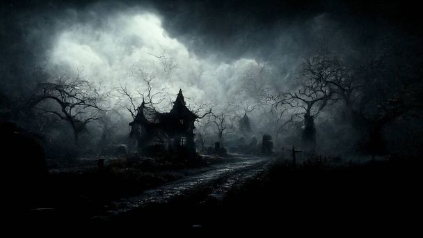 3D απεικόνιση ενός Απόκριες έννοια σκούρο φόντο ενός κάστρου και νεκροταφείο. Τρομακτικό υπόβαθρο σε ομιχλώδη καιρό. Καλές Απόκριες - Φωτογραφία, εικόνα