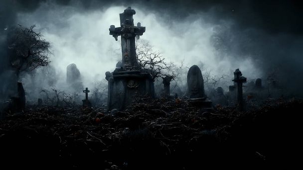 3D illustration of a Halloween concept dark background of a castle and graveyard. Horror background In foggy weather. Happy Halloween - Fotó, kép