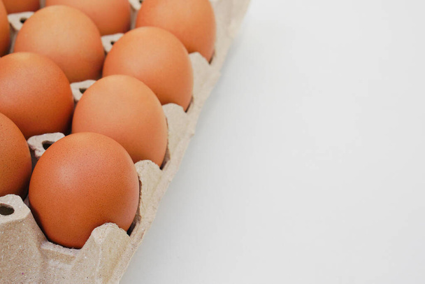 Chicken raw eggs in paper egg panel or in an egg stall on white background. - Foto, Imagem