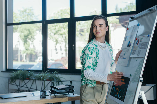 Smiling queer designer standing near graphs on flip chart in office  - Fotografie, Obrázek